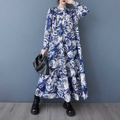 【ワンピース】韓国風 春秋新作 ゆったり大きめサイズ 体型カバー 花柄長袖ミディアムワンピース【SHシリーズ】