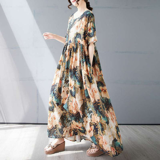 【ワンピース】夏 韓国風 花柄プリント 半袖クルーネックワンピース【SHシリーズ】