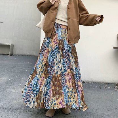 【ボトムス】プリーツ＆花柄 スカート レディース Aライン ミディ丈 ヒップカバー 大きめ フレアスカート【SHシリーズ】