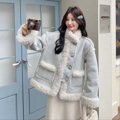 【アウター】甘め フェイクムートン厚手保温アウター 2025冬 若見え 防風 ハイネック ボアトップス レディース【JZシリーズ】