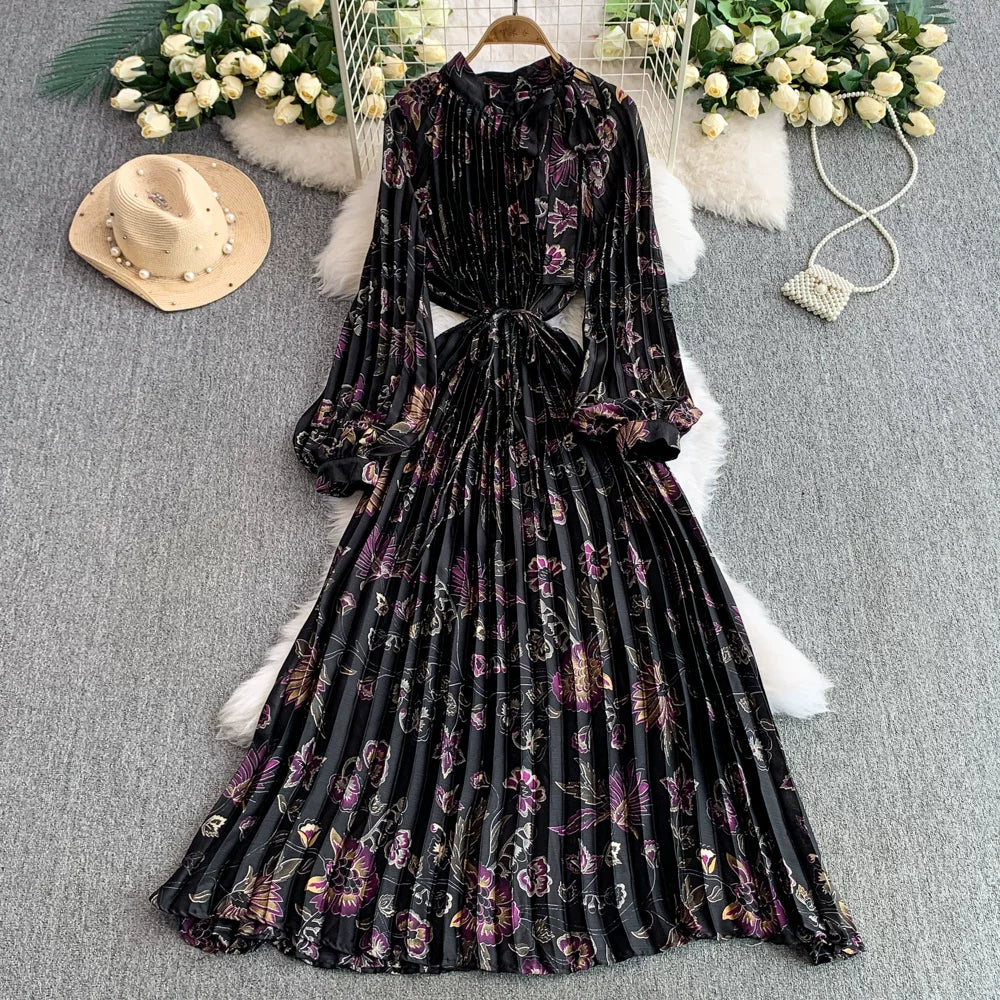 【ワンピース】【1枚で主役級】フレンチ・レトロ・マキシ長袖ワンピース ✨ 着痩せ叶う、大人の花柄【SHシリーズ】