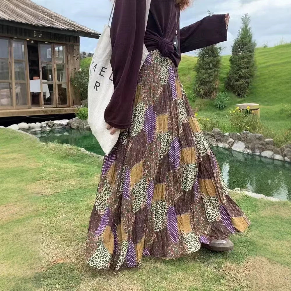 期間限定⭐️60%OFF【ボトムス】カジュアル ミドルウエスト 花柄生地 切り替え Aラインスカート 【SHシリーズ】