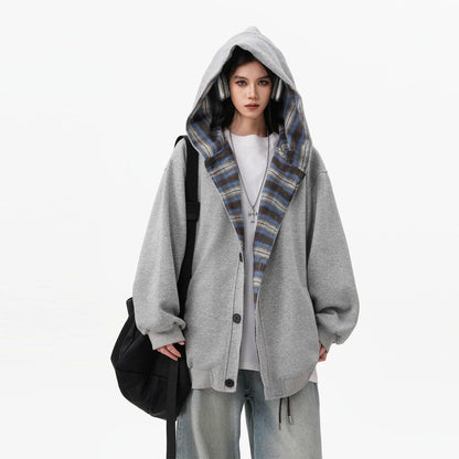 【アウター】アメリカンチェック切り替え ジップスウェットパーカー レディース 男女兼用 春 ヘビーウェイト ルーズシルエット スポーツジャケット レトロ学院風 フード付き【FCシリーズ】