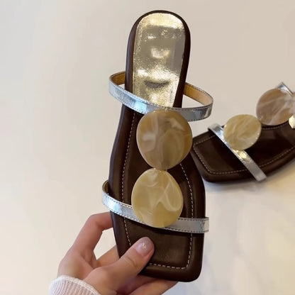 【シューズ】夏 新作 ワンストラップ スクエアトゥ アウトドア用 レトロ風 ローヒールフラットサンダル