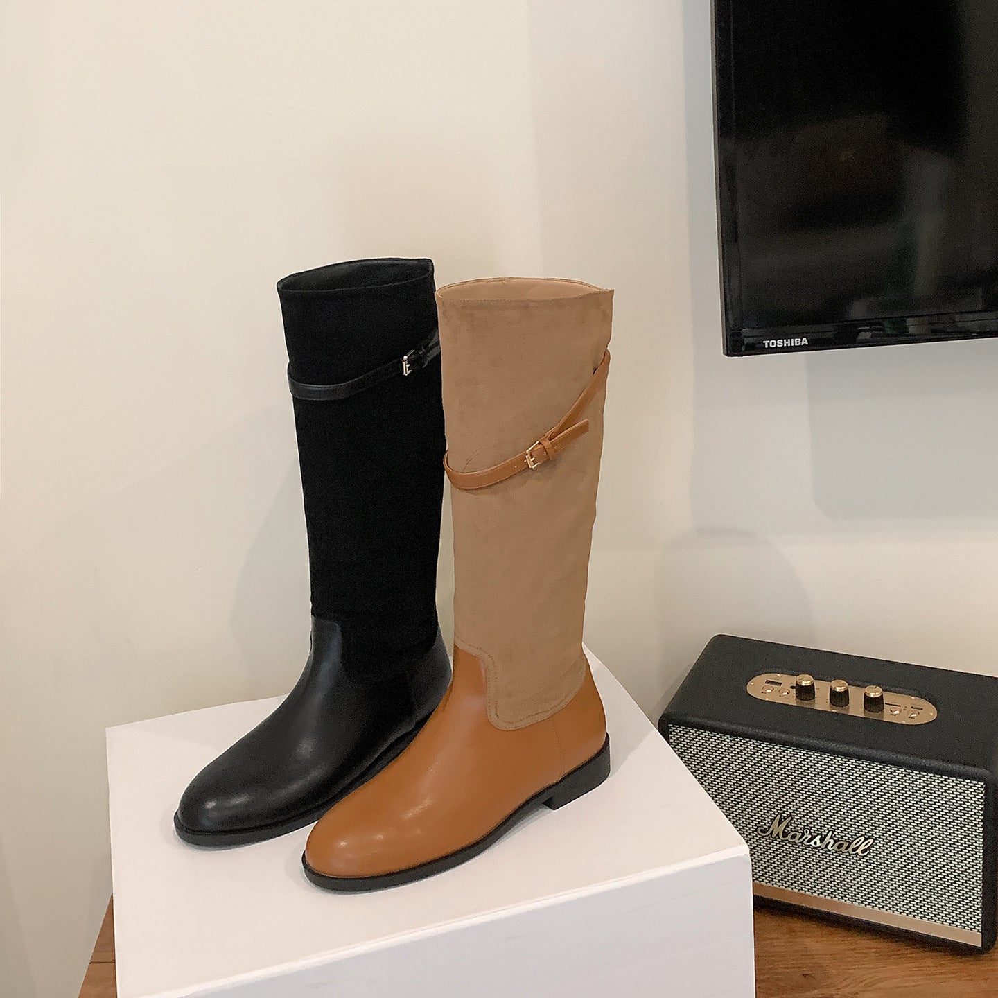 【シューズ】🍂キャラメルブラウン ベルト付きヴィンテージ風ハイカットウエスタンブーツ💫スエードラウンドトゥ レディース