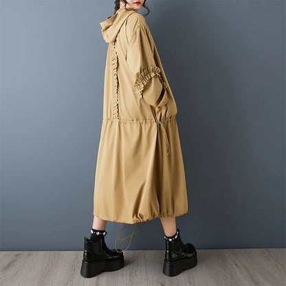 【アウター】春秋新作 フード付き 長袖 トレンチコート ゆったり 大きいサイズ 無地 ロング丈【AHシリーズ】