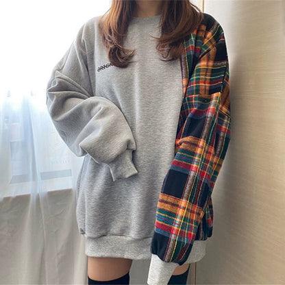 【トップス】秋冬 ラウンドネック チェック柄 パフスリーブ プルオーバー パーカー