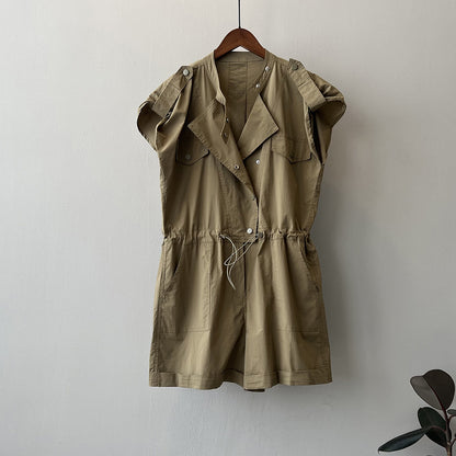 【ボトムス】ハイウエスト 夏 ワーク風 オールインワン  スタンドカラー フリルスリーブ シャツ風 ショート丈ジャンプスーツ【JZシリーズ】