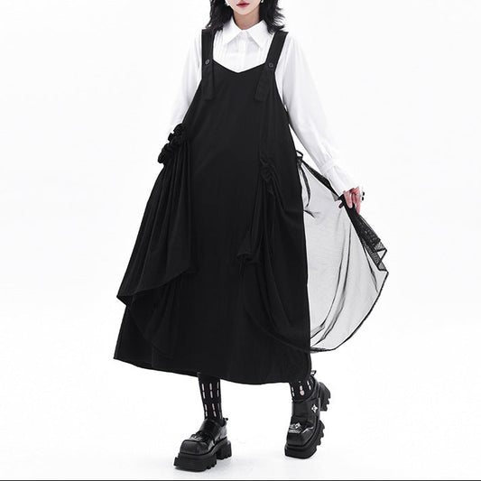 【ワンピース】メッシュ切り替え キャミワンピース レディース  秋新作 ゆったり体型カバー ロング丈 ノースリーブ【AHシリーズ】