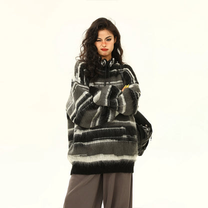 【トップス】秋冬 ヴィンテージ モヘア風ボーダーニット レディース ゆったり抜け感 ペアセーター【FCシリーズ】