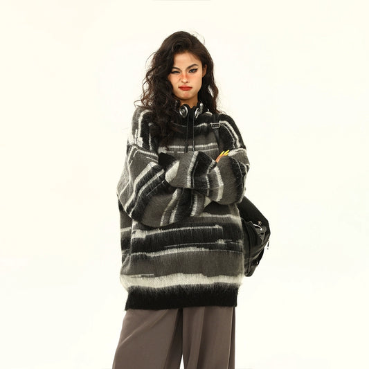 【トップス】秋冬 ヴィンテージ モヘア風ボーダーニット レディース ゆったり抜け感 ペアセーター【FCシリーズ】