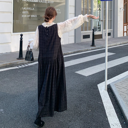 2点セット！【セットアップ】フレンチレトロレースブラウス＆チェック柄ジャンパースカート レディース 2026秋新作 ワンピースセット フェミニン きれいめ【JZシリーズ】