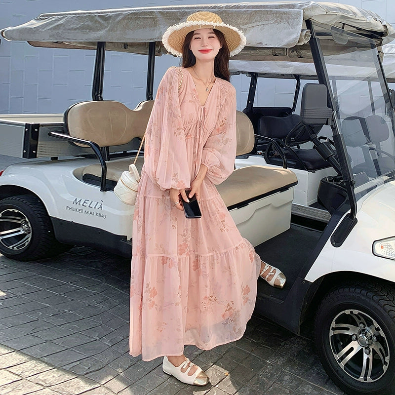 【ワンピース】フレンチ風Vネックワンピース レディース 長袖 ロング丈 上品 きれいめ【SHシリーズ】