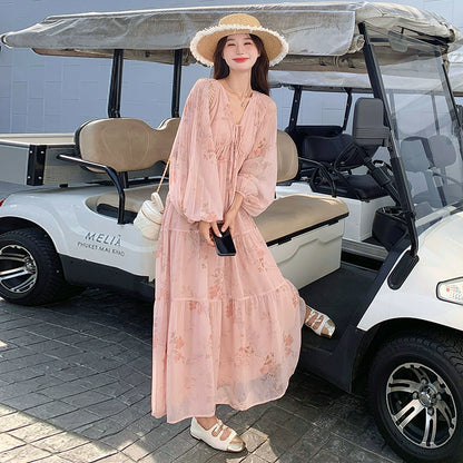 【ワンピース】フレンチ風Vネックワンピース レディース 長袖 ロング丈 上品 きれいめ【SHシリーズ】