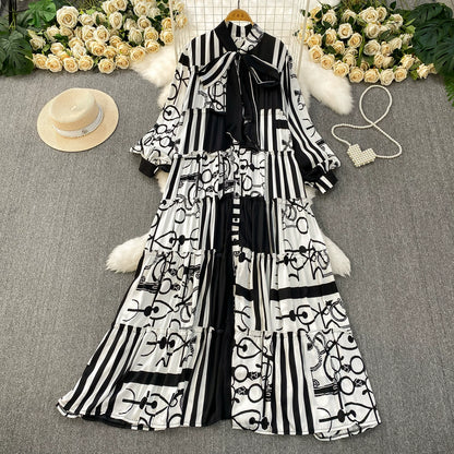 【ワンピース】プリントVネック お腹周りカバー フリル 長袖 ワンピース 【SHシリーズ】