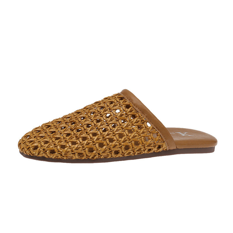【シューズ】フレンチレトロ 編みデザイン つま先あり バブーシュ 外履き対応 通気性サンダル