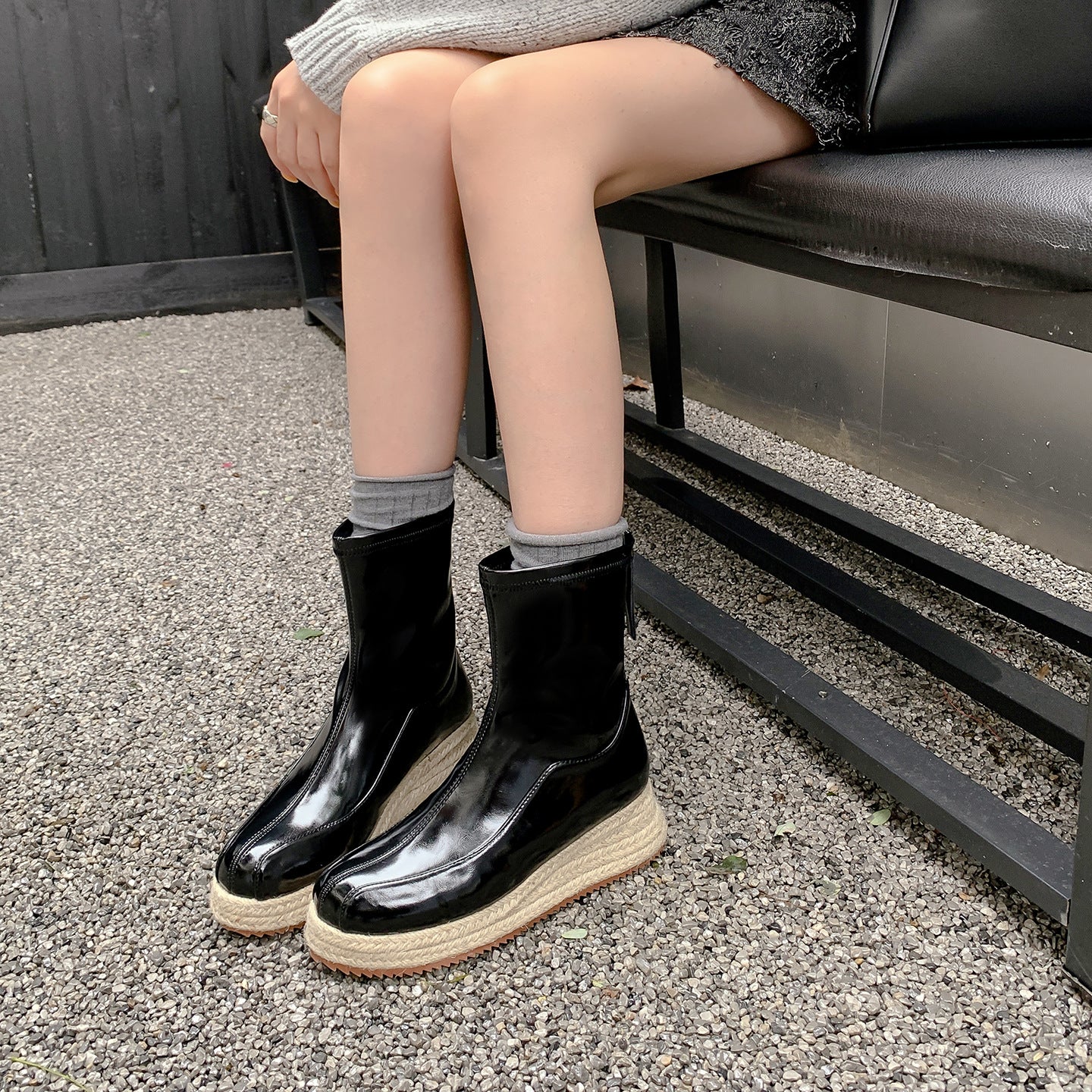 【シューズ】ウェッジヒール スクエアトゥ バックジップ エスパドリーユ 厚底ブーツ