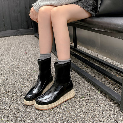 【シューズ】ウェッジヒール スクエアトゥ バックジップ エスパドリーユ 厚底ブーツ