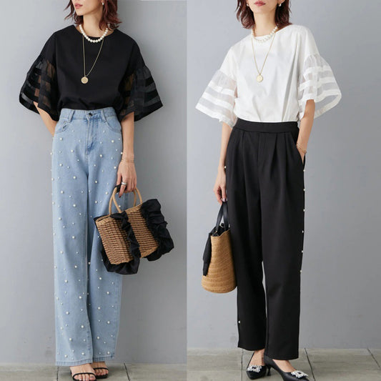 【セットアップ】夏 シフォン切替 フレアスリーブ Ｔシャツ＋パンツ 上下セット ゆったり きれいめ カジュアル【JZシリーズ】