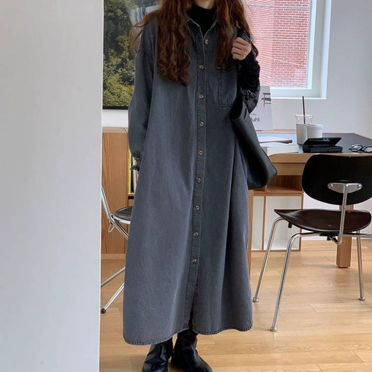 【ワンピース】韓国chic 秋新作 デニム風シャツワンピース ゆったり大きめサイズ 体型カバー 長袖 ロング丈 カジュアルコーデ【JZシリーズ】