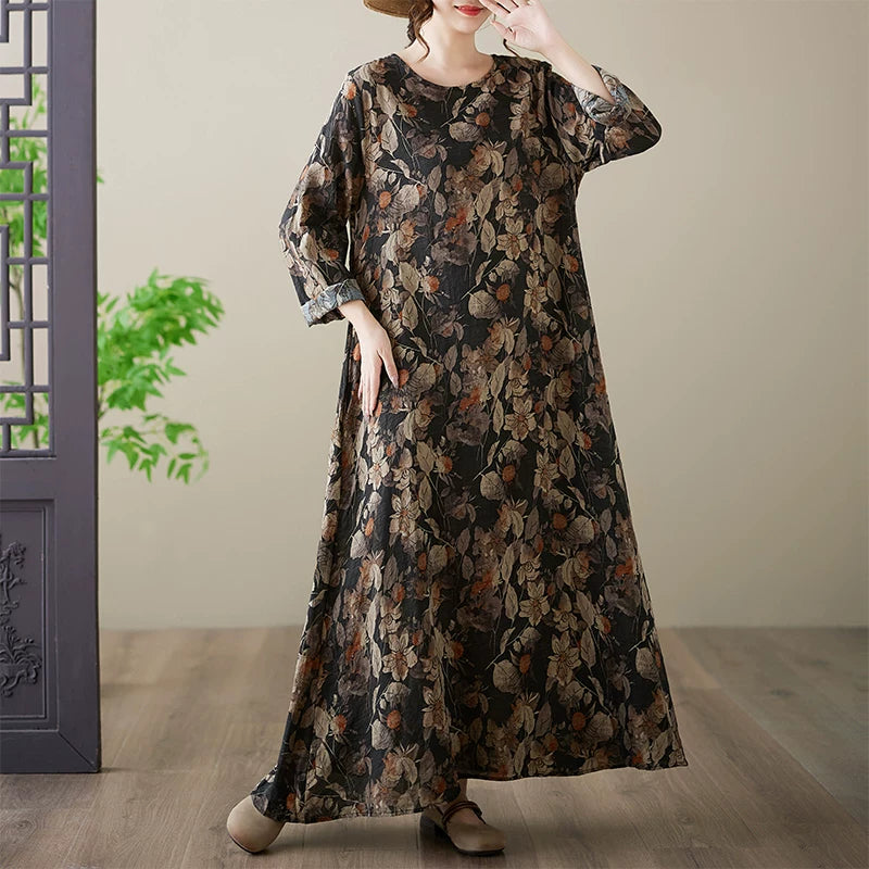 【ワンピース】春新作 花柄 クルーネック 長袖 ワンピース ゆったり 大きいサイズ 体型カバー リゾート風【SHシリーズ】