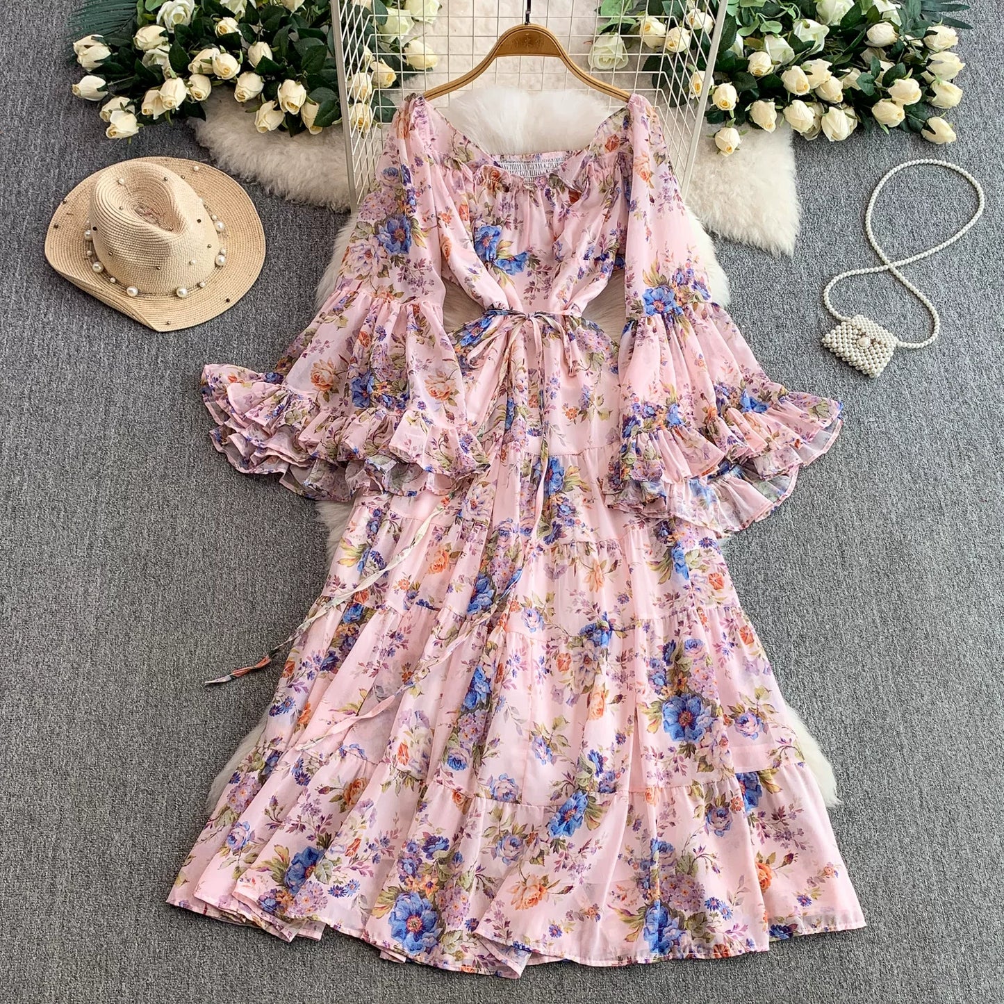 【ワンピース】褒められ確定！フレンチ小衆 長袖 プリントロングワンピース｜シフォン＆ベルスリーブ【SHシリーズ】