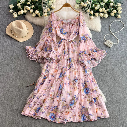 【ワンピース】褒められ確定！フレンチ小衆 長袖 プリントロングワンピース｜シフォン＆ベルスリーブ【SHシリーズ】