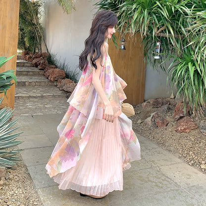 ワンピース】フェアリームード ピンク花柄シフォンキャミ ワンピース】フェアリームード ピンク花柄シフォンキャミ