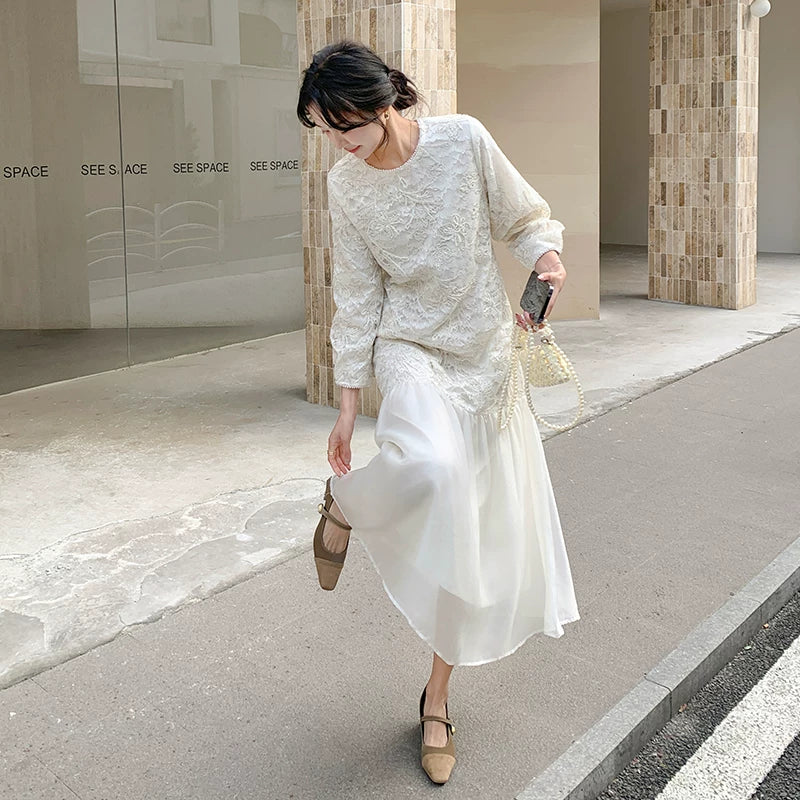 【ワンピース】フレンチ風フェミニンレースワンピース レディース 気品ある軽奢感 花柄長袖ミディドレス【JZシリーズ】