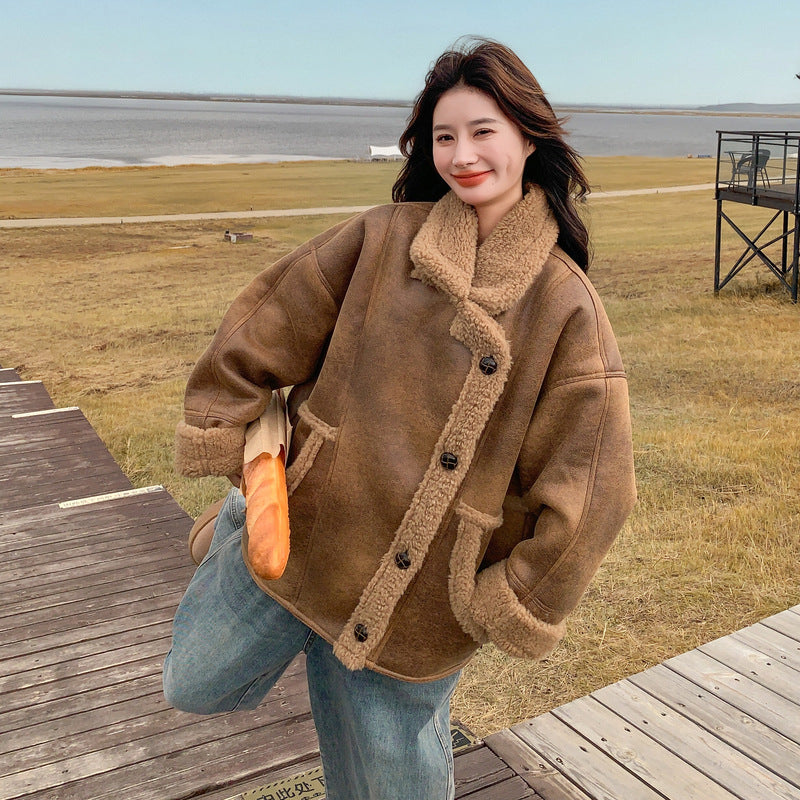 【アウター】冬 レディース メラード風 フェイクムートン ボアコート カフェ色 小柄向け 厚手 あったか【JZシリーズ】