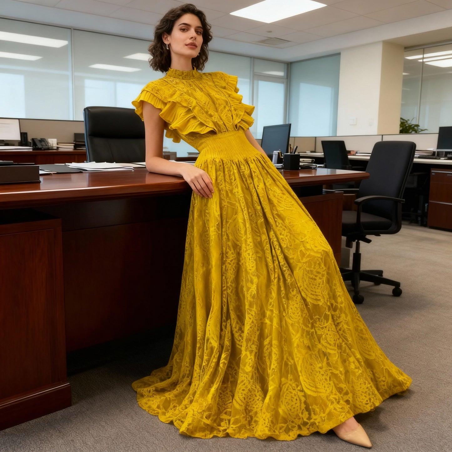 【ワンピース】7色展開 夏 レースワンピース 丸首 長袖 エレガント 着痩せ フリル裾 パーティードレス【JZシリーズ】