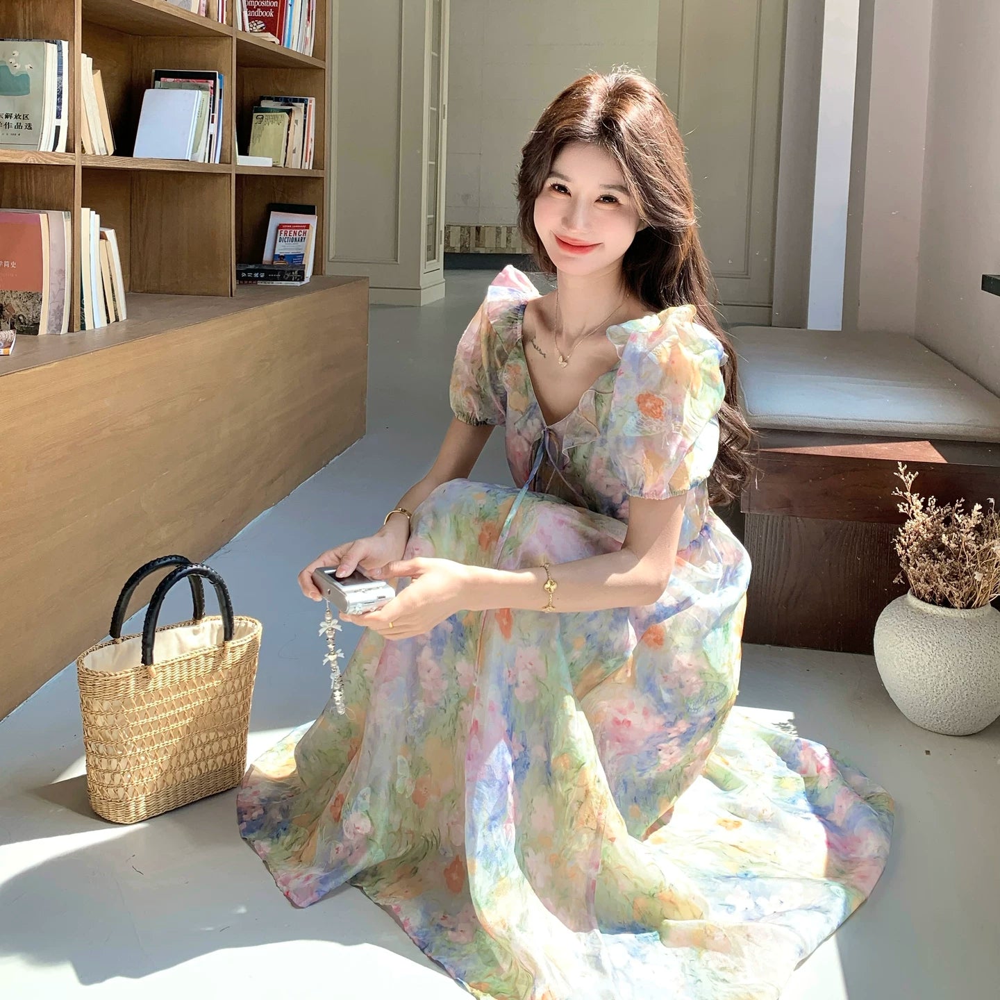 【ワンピース】フラワープリント パフスリーブワンピース レディース 夏 フレンチ Vネック ティアード ロング丈 上品 半袖【SHシリーズ】