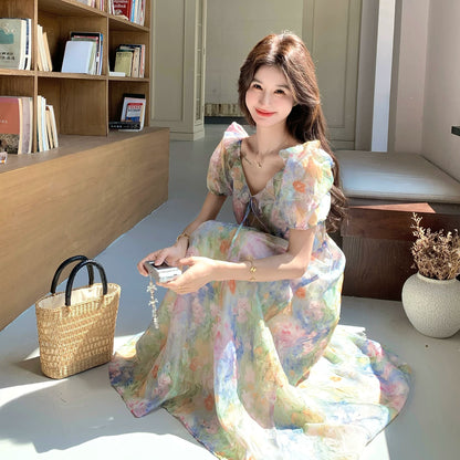 【ワンピース】フラワープリント パフスリーブワンピース レディース 夏 フレンチ Vネック ティアード ロング丈 上品 半袖【SHシリーズ】