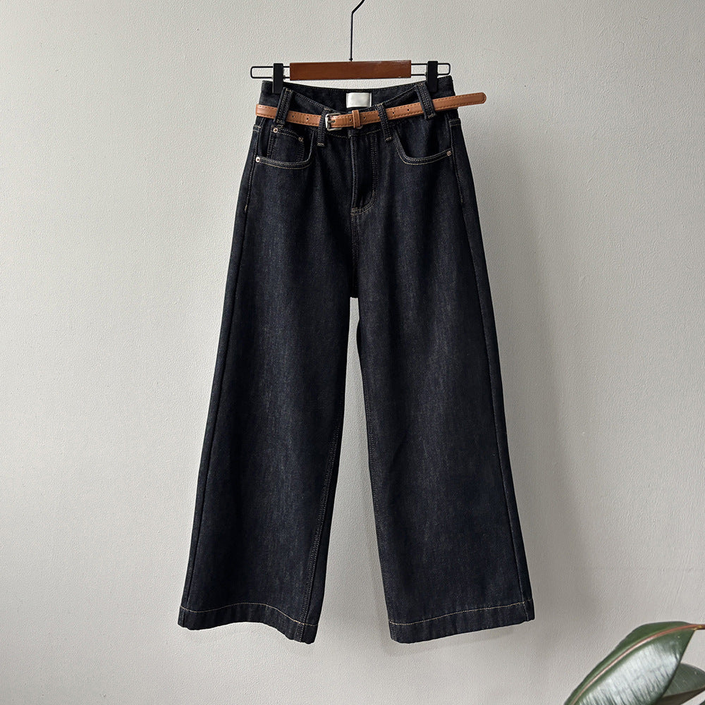 【ボトムス】ベルト付き！韓国風 ハイウエスト 裏起毛 ストレートデニムパンツ 冬 新作 ゆったりワイド カジュアル 【JZシリーズ】
