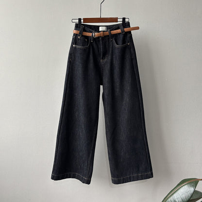 【ボトムス】ベルト付き！韓国風 ハイウエスト 裏起毛 ストレートデニムパンツ 冬 新作 ゆったりワイド カジュアル 【JZシリーズ】