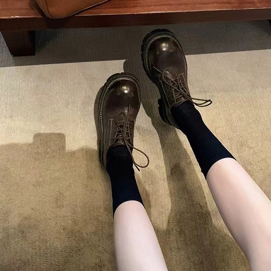 【シューズ】ウォッシュ加工 シボ入り 厚底 レースアップ ローファー ラウンドトゥ パンプス
