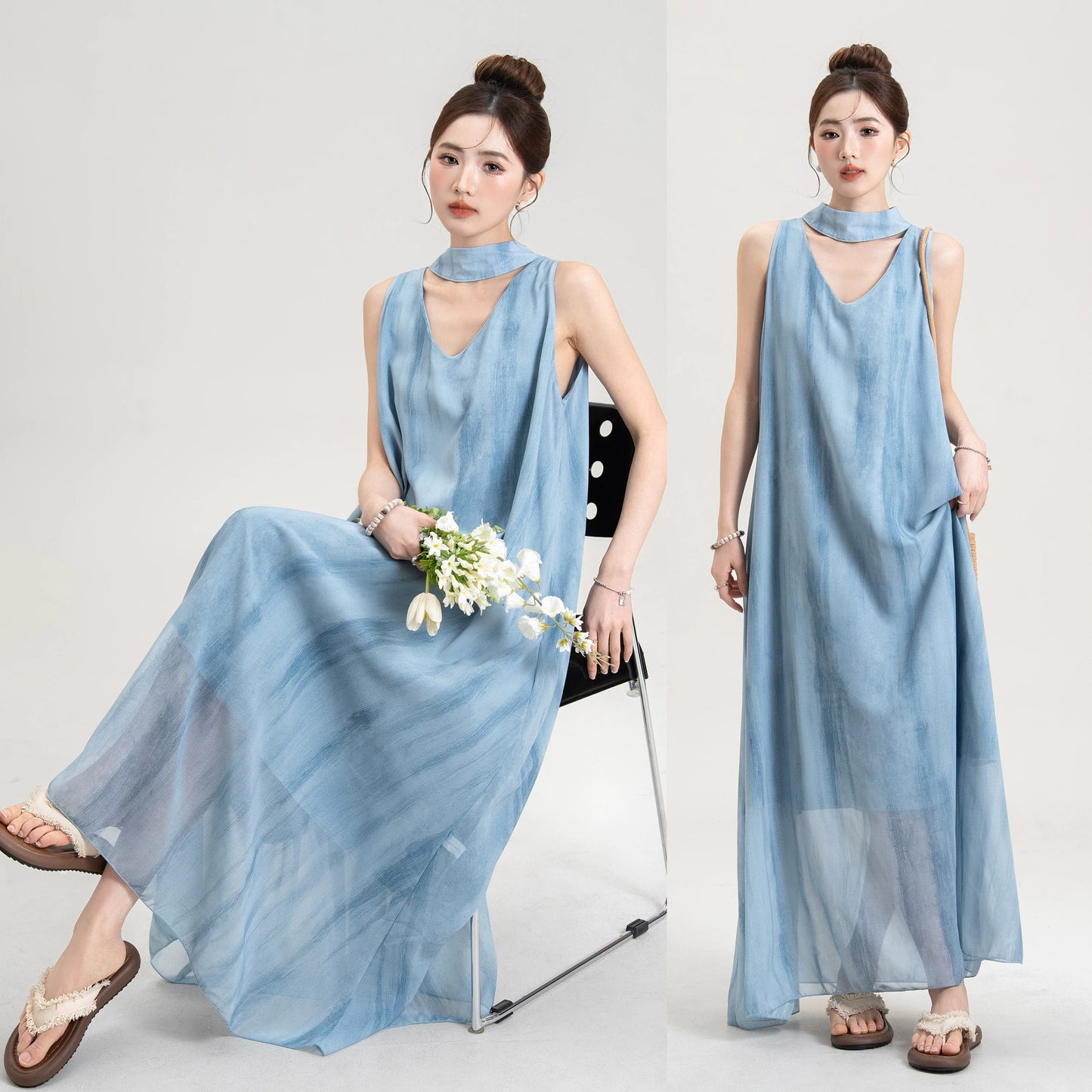【ワンピース】セーヌ風 ブルーグラデーション ホルターネック シアーワンピース レディース 夏 ノースリーブ ロングドレス リゾートコーデ 大人可愛い 上品【SHシリーズ】
