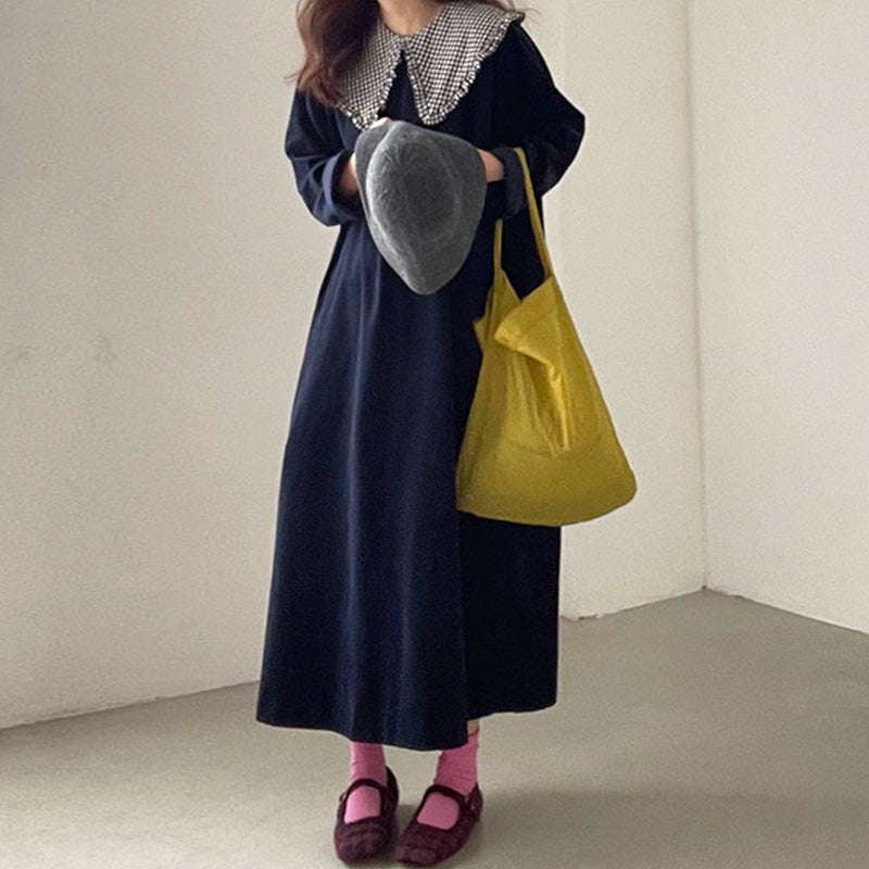 【24AW】【ワンピース】チェック柄 ドールカラー 切り替え 配色 ゆったり長袖ワンピース