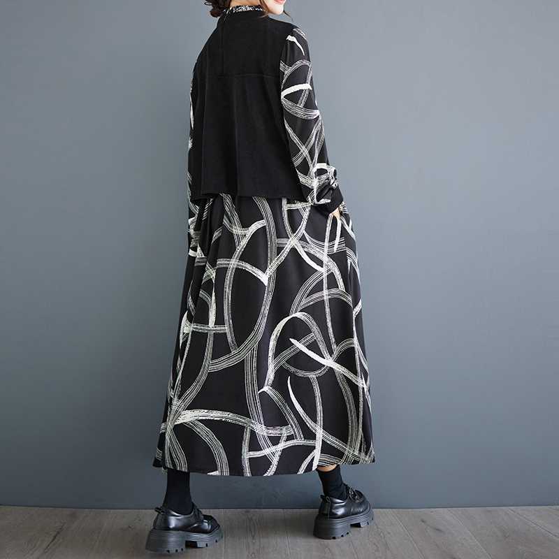 【ワンピース】春秋 個性柄 カジュアル レイヤード風 長袖ワンピース【SHシリーズ】