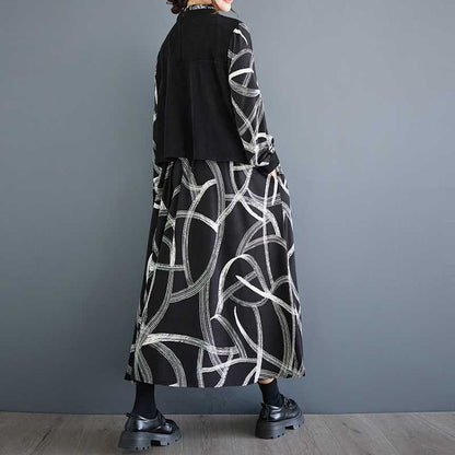 【ワンピース】春秋 個性柄 カジュアル レイヤード風 長袖ワンピース【SHシリーズ】