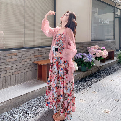 2点セット！【セットアップ】大人可愛い 花柄キャミワンピース レディース シアーカーディガン セット ふんわり素材 リゾート風 夏コーデ【SHシリーズ】