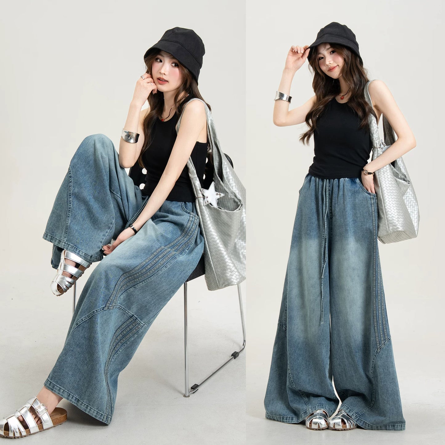 【ボトムス】ヴィンテージ デニムパンツ レディース ストライプ切替 ワイドシルエット ルーズフィット 春夏【JZシリーズ】