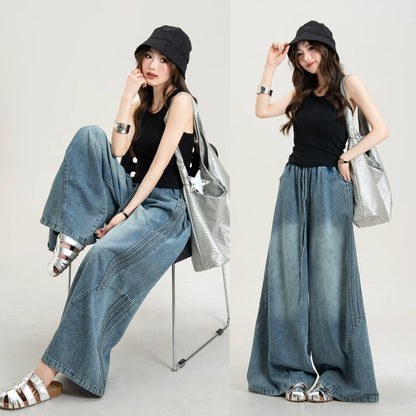 【ボトムス】ヴィンテージ デニムパンツ レディース ストライプ切替 ワイドシルエット ルーズフィット 春夏【JZシリーズ】