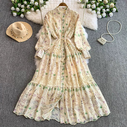 【ワンピース】主役級ワンピ✨ 春の贅沢レース 刺繍ドレス 長袖ワンピース｜ウエストマークで驚きのスタイルアップ【SHシリーズ】