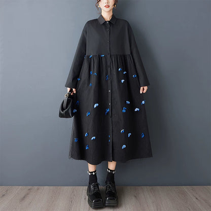 【ワンピース】花柄チュール切替シャツワンピース レディース 春秋新作 大きいサイズ ゆったり 長袖 大人可愛い【SHシリーズ】
