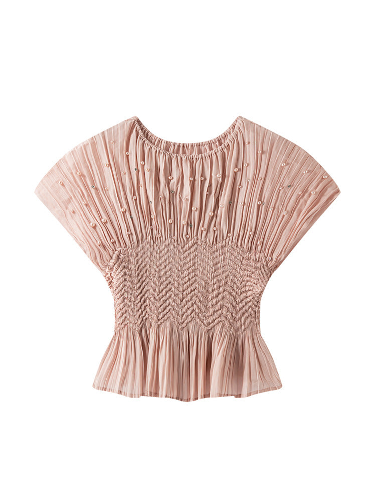 【トップス】夏 ビジュー付き プリーツデザイン クルーネック ブラウス 【SHシリーズ】