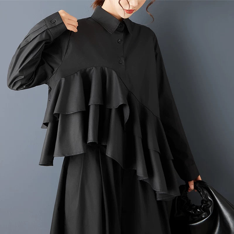 【トップス】不規則切り替え フリルブラウス 日系モード シンプル無地 着回し万能 シャツ【AHシリーズ】