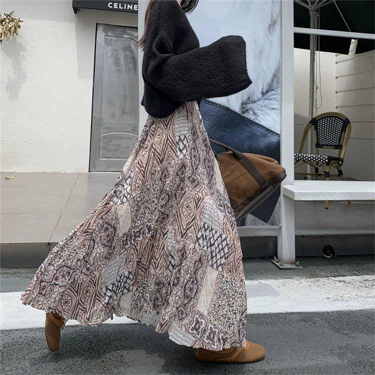 【ボトムス】脚長効果 お腹カバー レトロ柄 ロングスカート ゆったり Aライン フレアスカート【SHシリーズ】