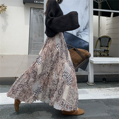 【ボトムス】脚長効果 お腹カバー レトロ柄 ロングスカート ゆったり Aライン フレアスカート【SHシリーズ】