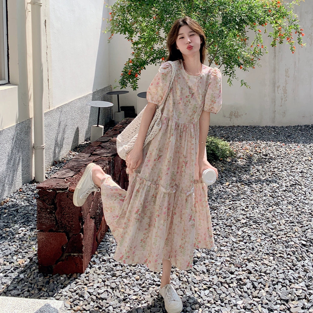 【ワンピース】夏 フレンチカントリー風 ラウンドネック パフスリーブ フラワープリント 半袖ワンピース【SHシリーズ】